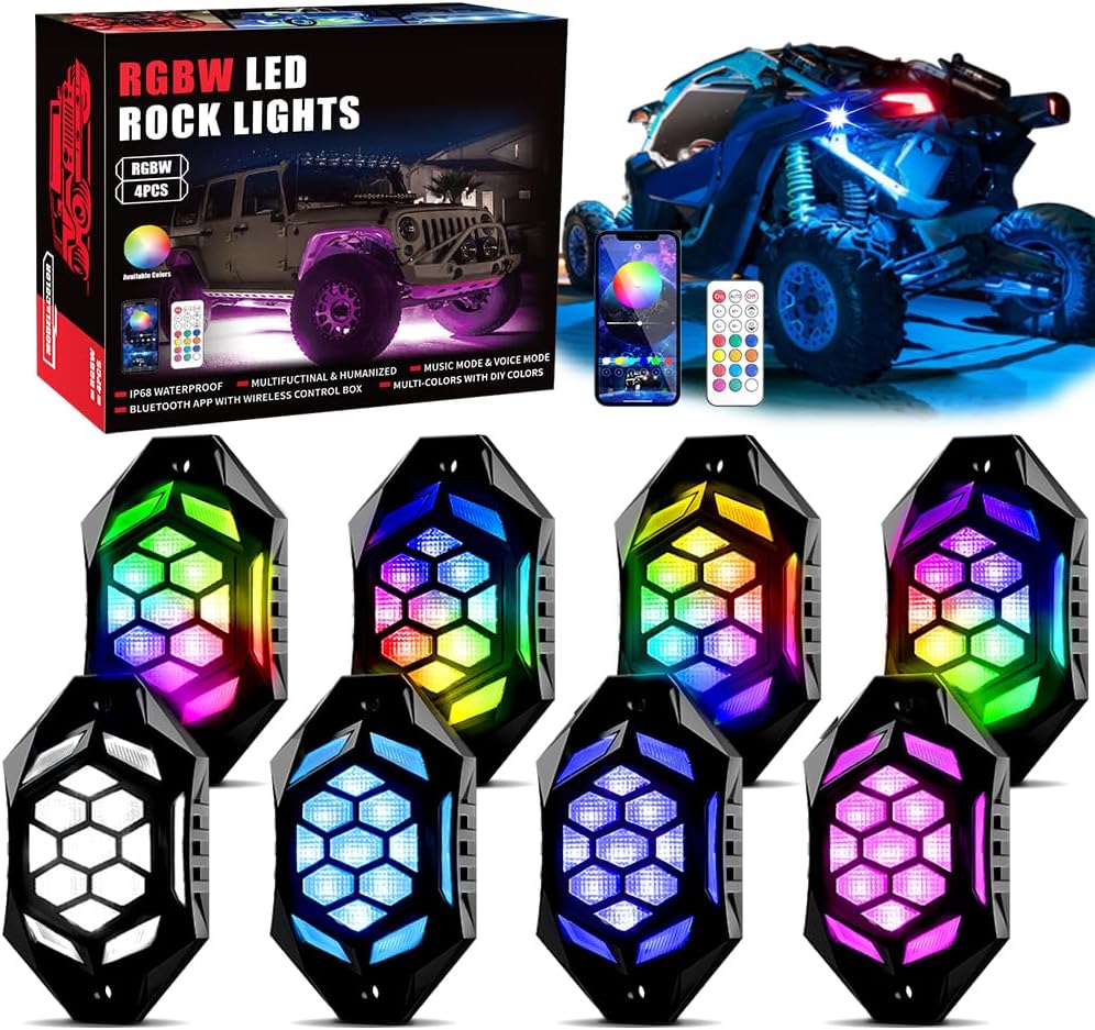 AUDEXEN 4 Pods RGBW LED Rock Lights Kit - with Brake Light & Turn Signals, Underglow Multicolor Neon Light Pod Compatible with Truck 4X4 Off-Road for Jeep UTV ATV RZR SUV Accessories