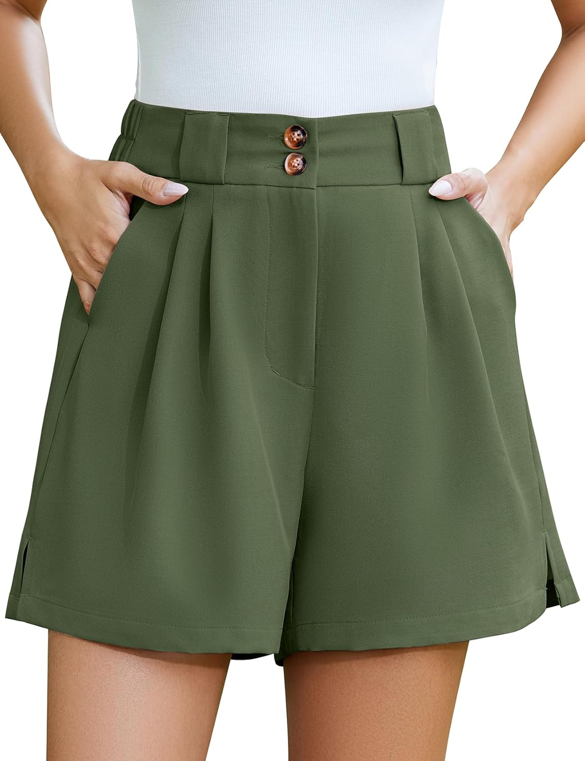 COZYPOIN Dressy Shorts for Women Casual Summer Elastic High Waisted Wide Leg Pleated Work Trouser Short with Pockets