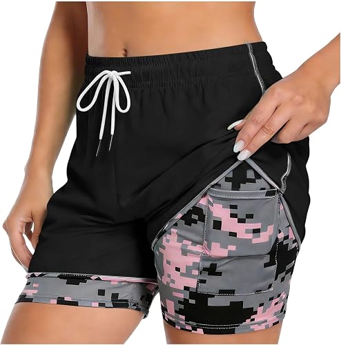 Gym Shorts for Women Fashion 2 in 1 Swim Shorts Workout Athletic Gym Pant Camo Liner Quick Dry Shorts with Pockets