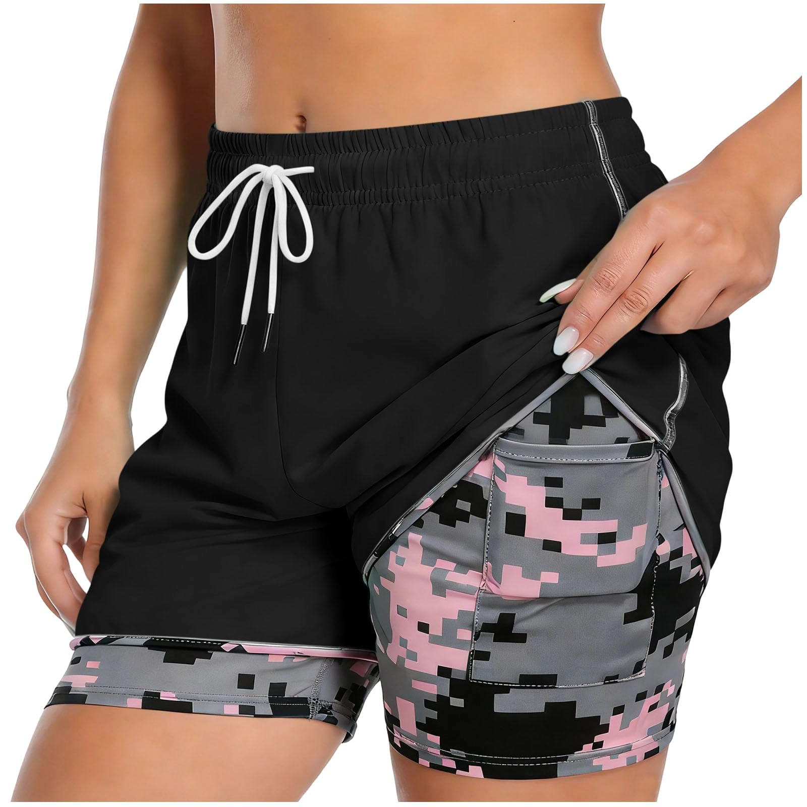 Womens Shorts Summer Fashion 2 in 1 Swim Shorts Workout Athletic Running Pant Camo Liner Quick Dry Short with Pocket - 2