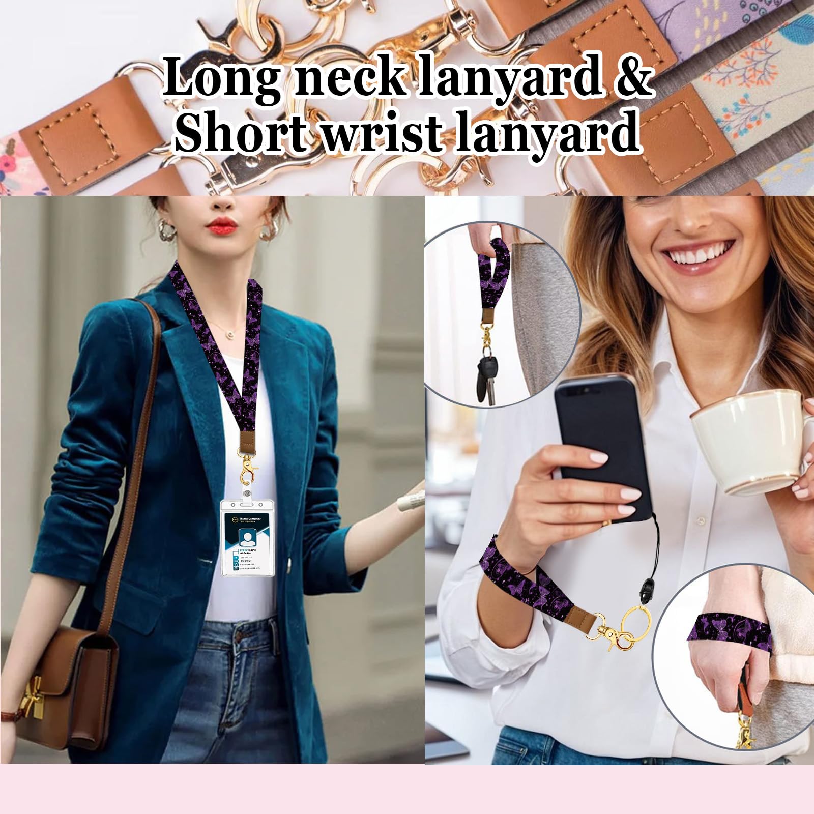 bolimoss Purple Butterfly Lanyard for ID Badge Cute Wrist and Neck Lanyards for Women Teacher Car Key Lanyards with Metal Carabiner Retractable Reel - Image 3