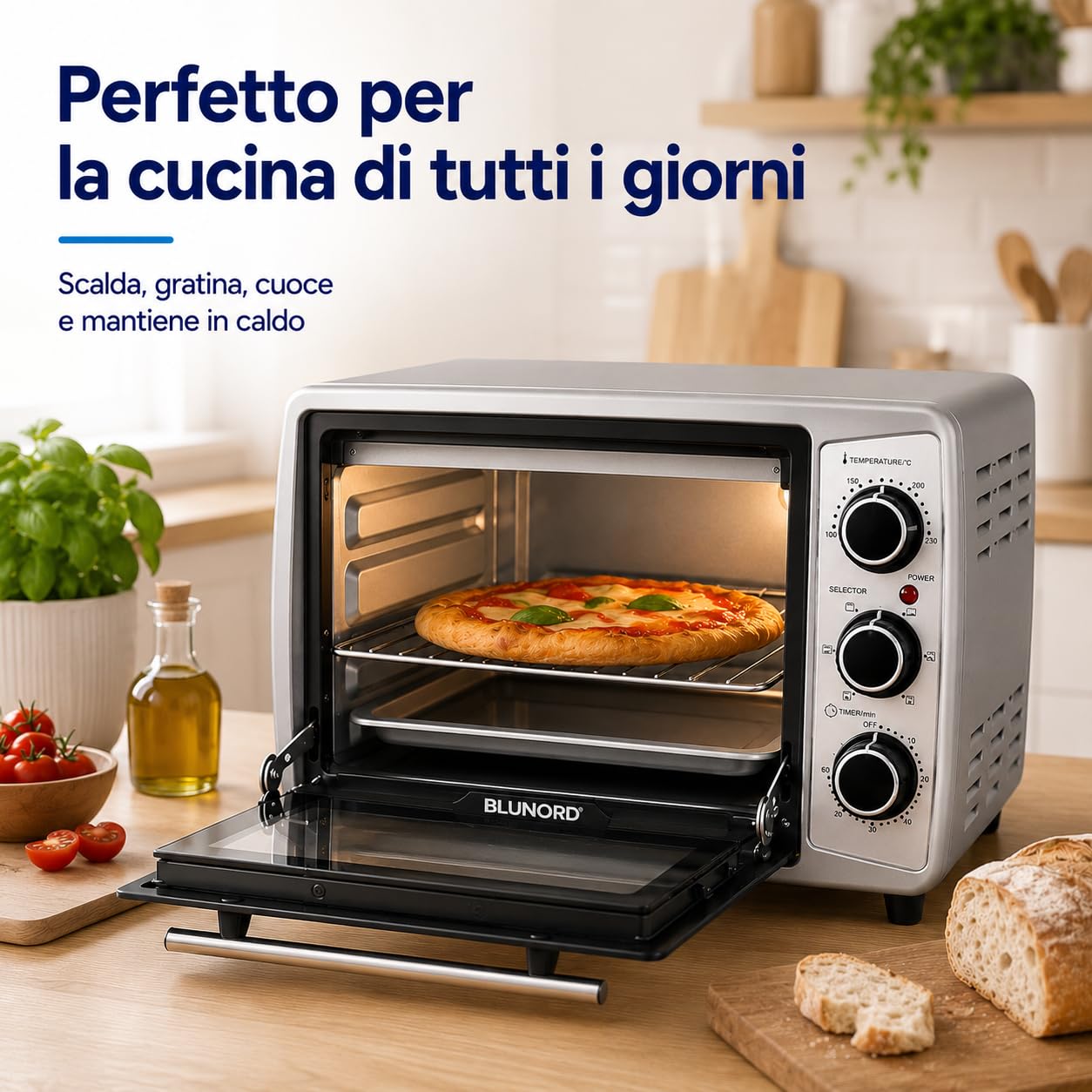 BLU F19 PLUS Forno Elettrico Ventilato 19 L, 1380 W, Grill 800 W, Timer 60 Min, Termostato 100-230 °C, Doppio Vetro, Leccarda, Griglia e Vassoio Briciole, Nero/Silver