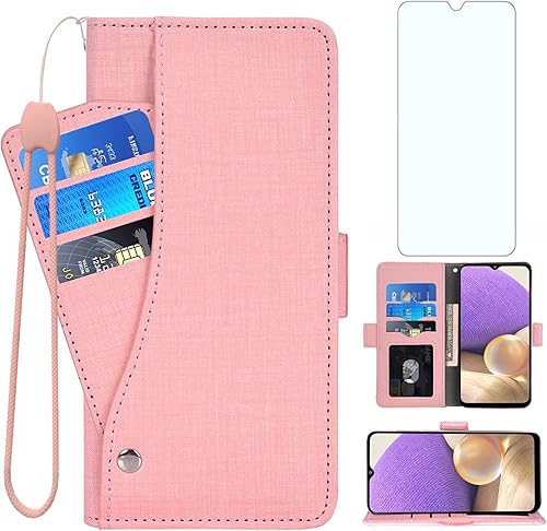Asuwish Funda compatible con Samsung Galaxy A32 5G de 6.5 pulgadas, protector de pantalla de vidrio templado y funda de cuero con tapa para