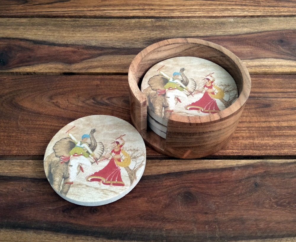 SANDSTERSSANDSTERS Natural Sandstone Dancing Printed Absorbent Beverage Coasters Set of 4Pcs with Acacia Wood Holder