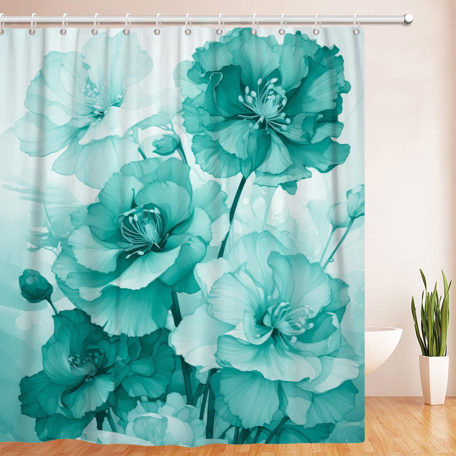 Rideau de douche vert floral pour décoration de baignoire zen
