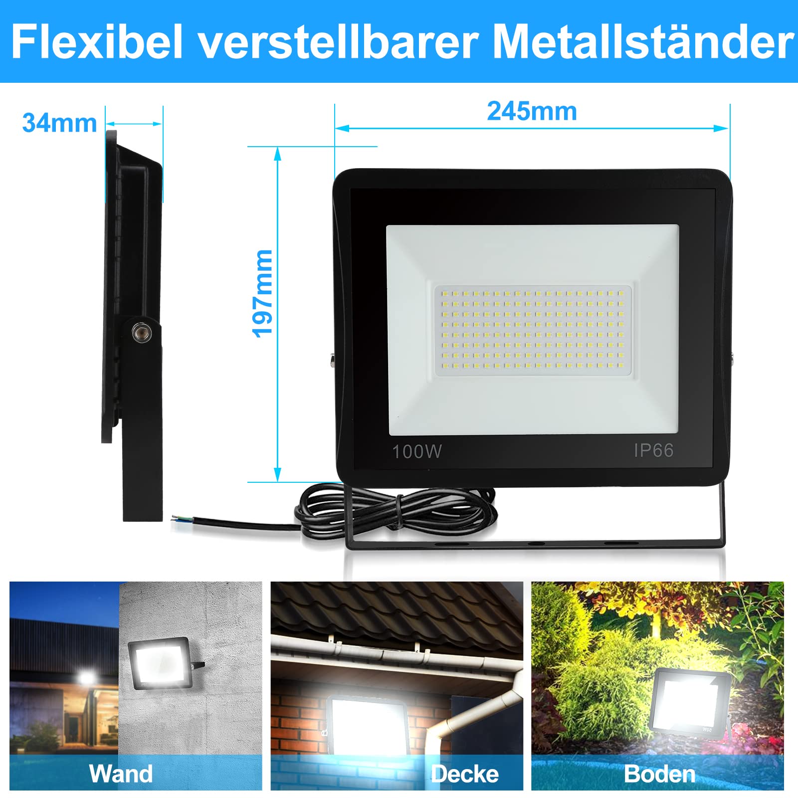 Lospitch LED Strahler, 100W Scheinwerfer Superhell 8500LM 6000K Kaltweiß Außenleuchte, Flutlicht IP66 Wasserdicht Außenstrahler für Garten, Auffahrt (Kein Stecker)