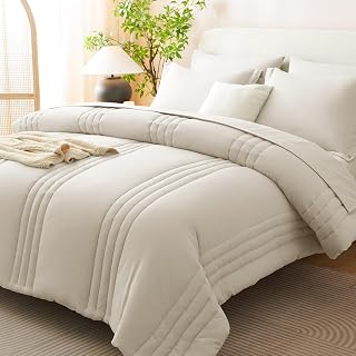 CozyLux Beige Queen 7-Piece Comforter Set - Soft Microfiber All-Seasons Bed in a Bag with Sheets, Shams & Pillowcases