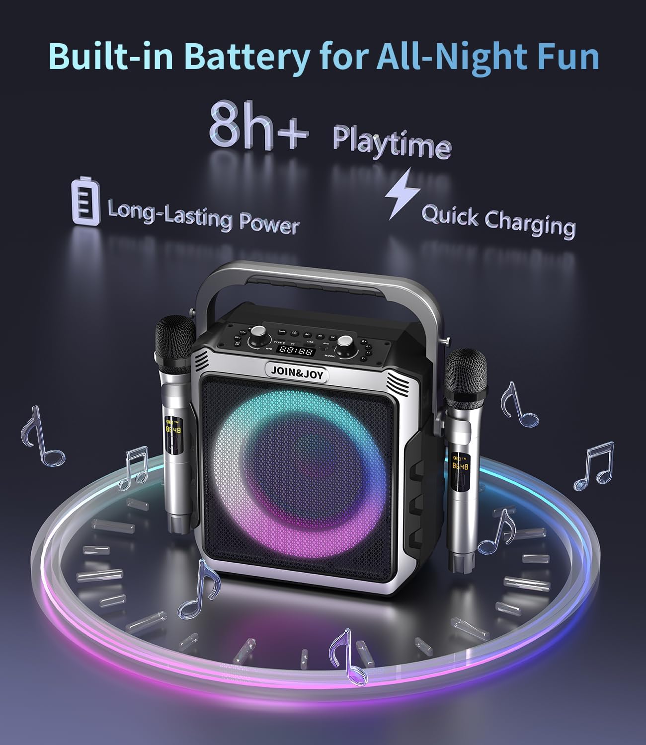 Portable Karaoke Machine, with Wireless Microphones, Bluetooth Party Speaker with LED Lights, Loud Subwoofer, USB/AUX, Outdoor Karaoke Speaker for Adults & Kids, Home & Party - Image 4