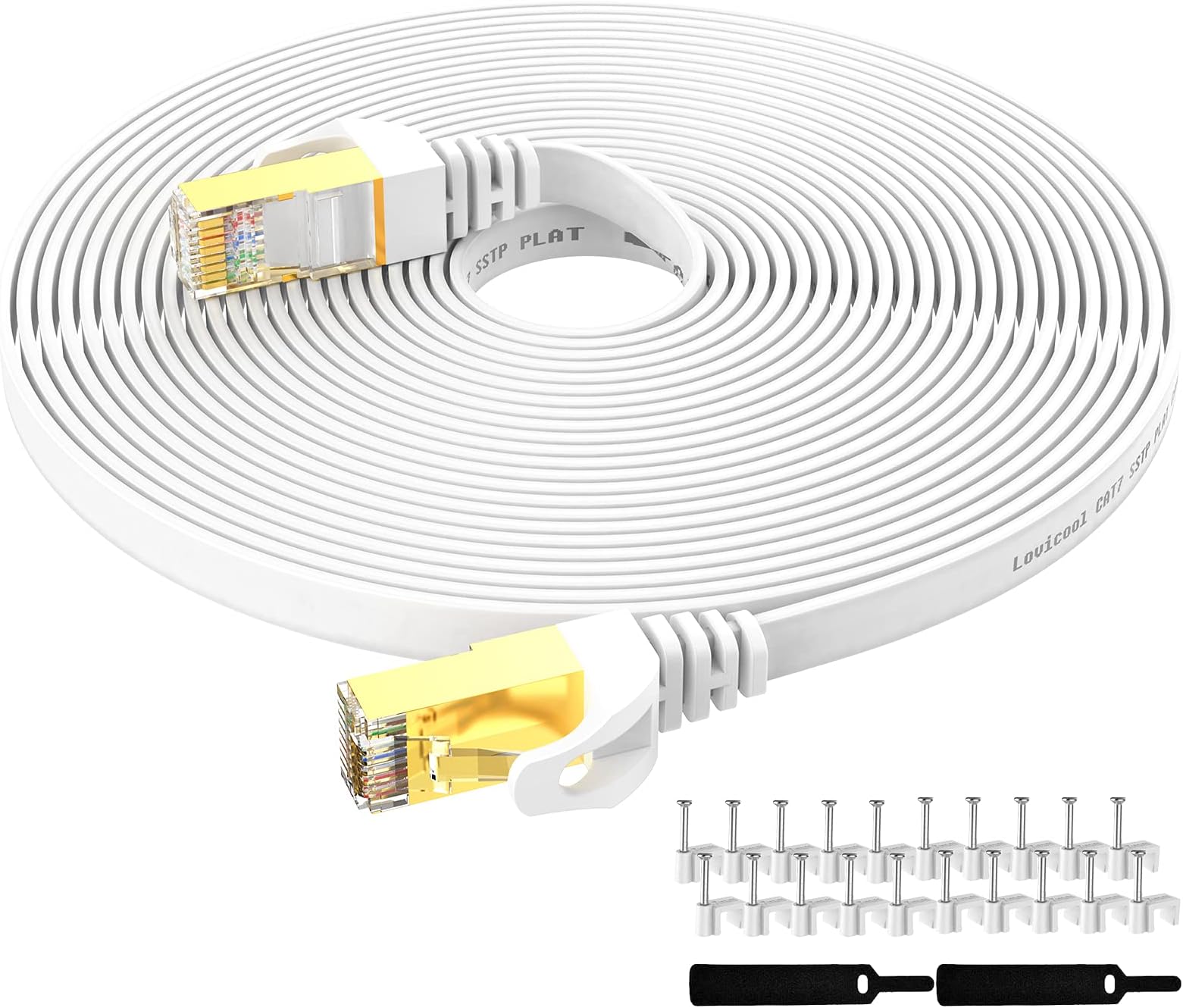 Lovicool Cat7 Ethernet Cable 65ft, CAT 7 Flat Internet Patch Cord for Router, Modem, Gaming, Hub,Computer - High Speed with RJ45 LAN Wire - White