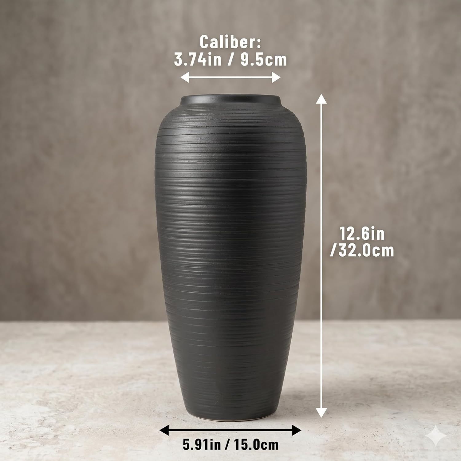 Condition photo showing New/Like New for 12.6" large matte black ceramic vase, modern minimalist centerpiece | elegant matte black ribbed clay vase. modern minimalist centerpiece, rustic farmhouse & boho decor for mantel and shelf. matte black - 12.6" tall