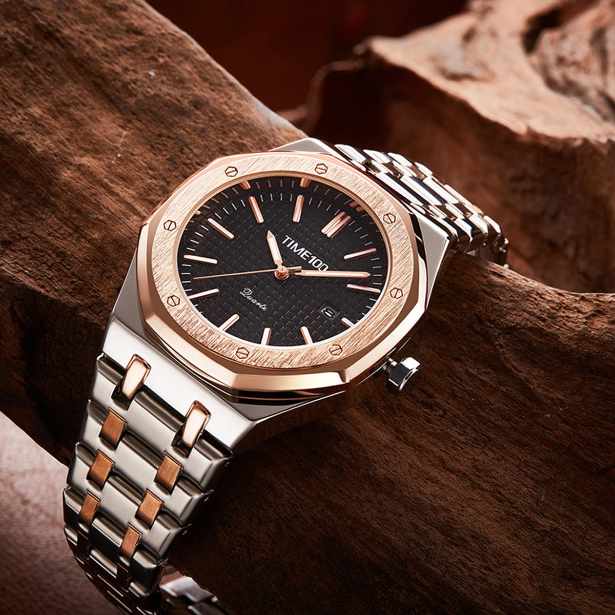 TIME100 Orologio Automatico Uomo Al Qarzo In Acciaio Inossidabile Impermeabile Orologio da Polso Elegante Regalo per Uomo（Nero）