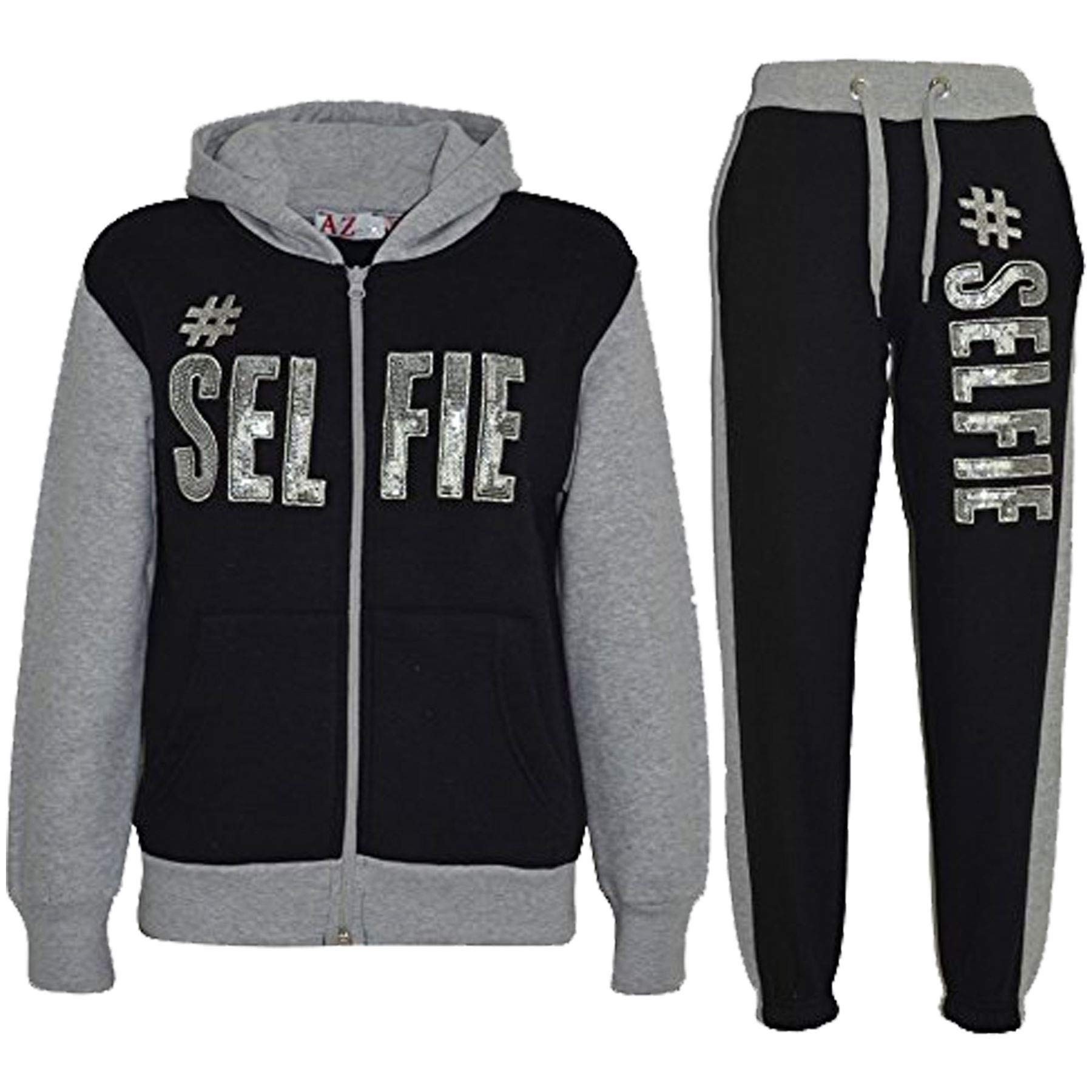 A2z 4 Kids Girls Black & Grey Tracksuit Hooded Sweatshirt Top Bottoms Comfortable Gym Jogging Suit - T.s Selfie Black Grey 7-8