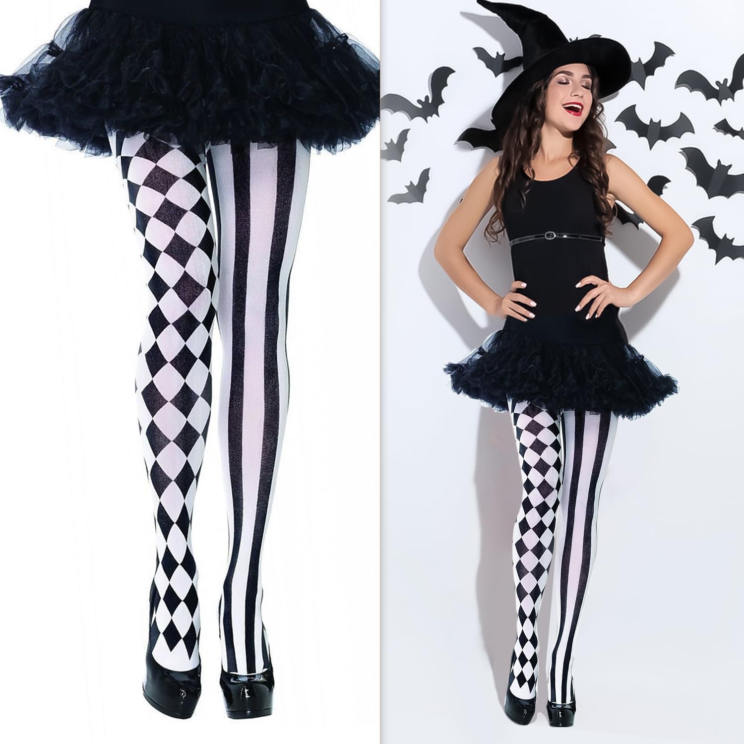 Lezevn Ladies Harlequin Tights Full Footed Diamond Tights Thigh High Stockings Pantyhose for Halloween Fancy Dress Costume - Image 3