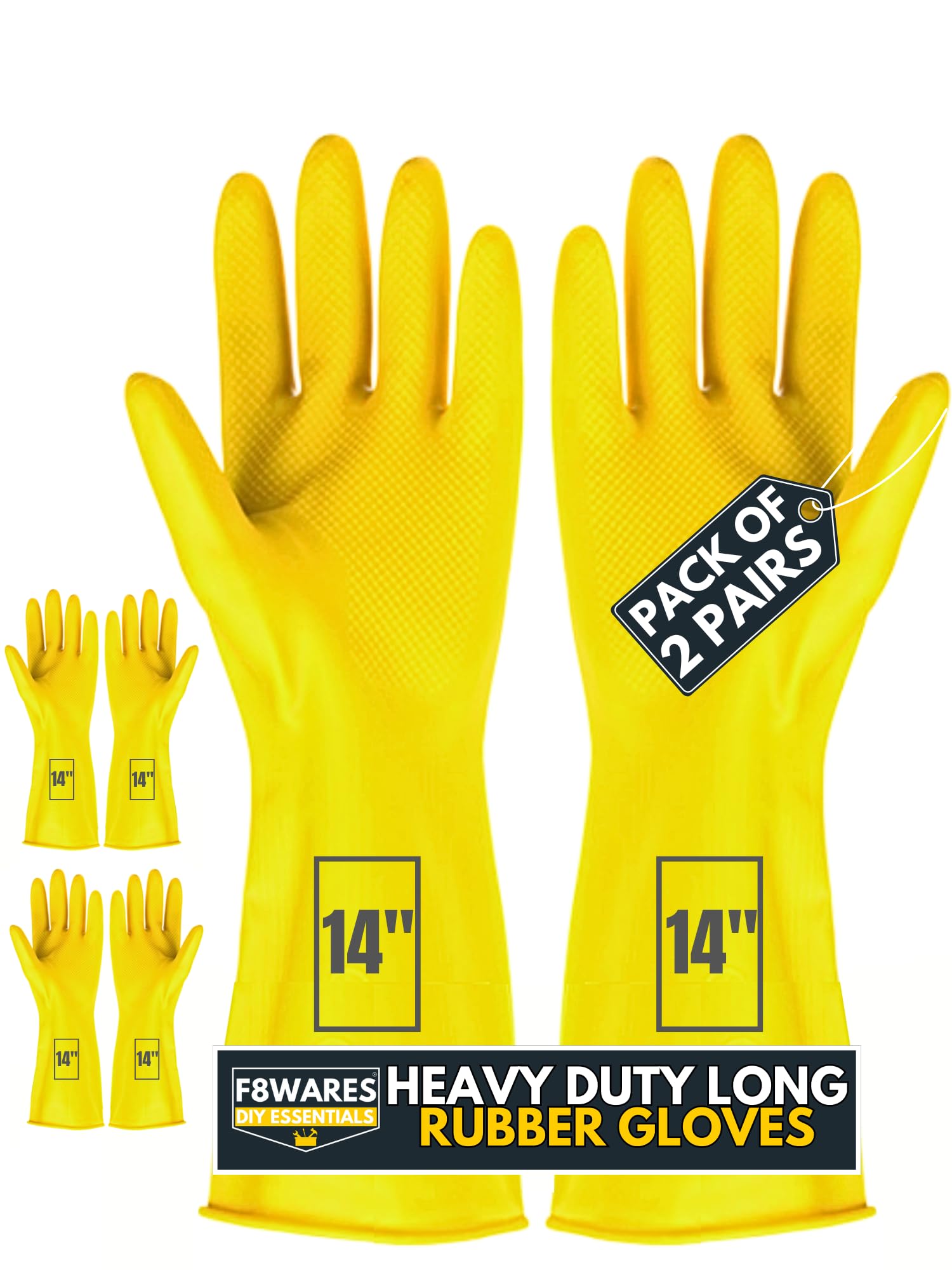 2PK 14 Inch Long Reusable Latex Hand Gloves - Rubber Gloves for Cleaning, Gardening, Dish Washing & Industrial Use