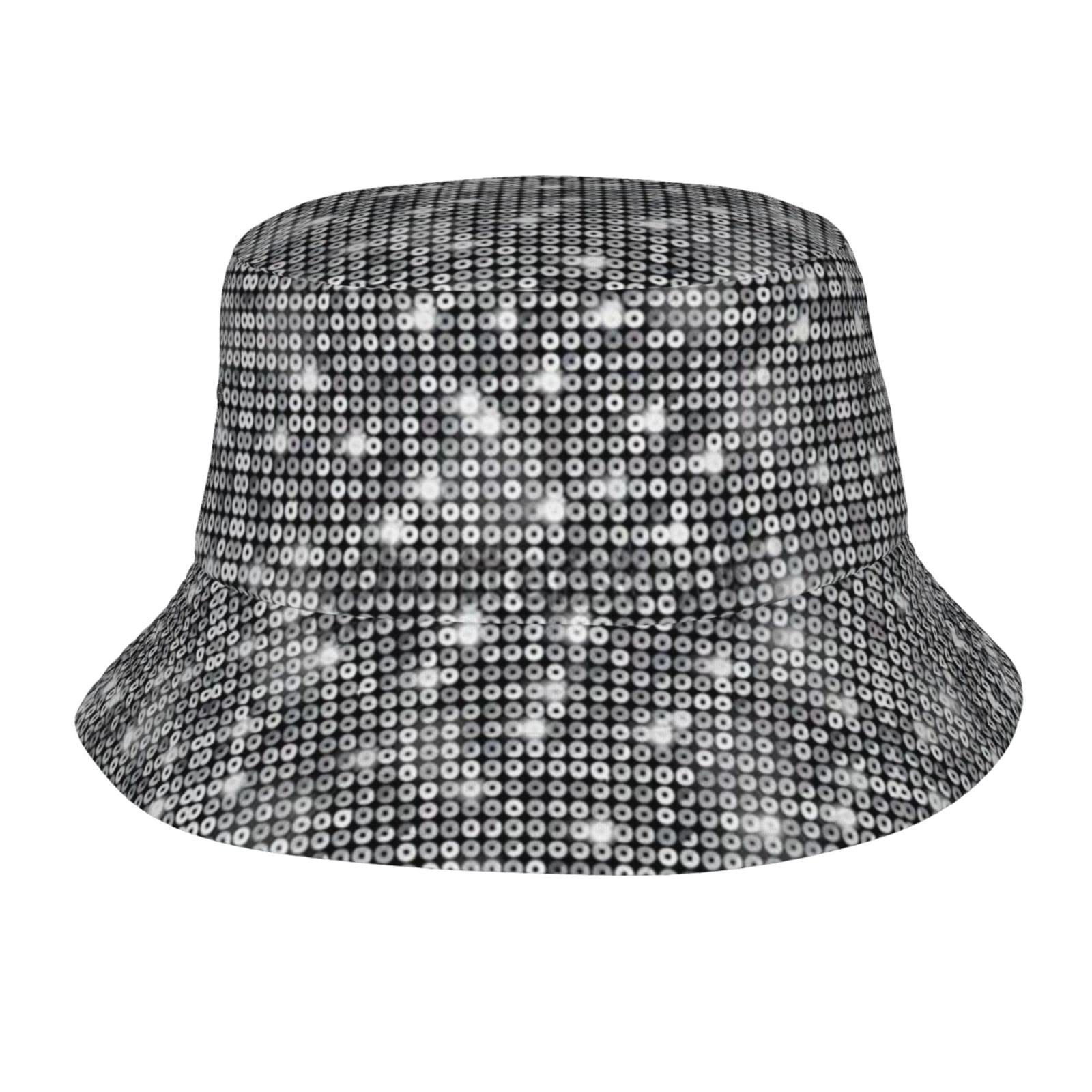 Silver Sequin Sparkle Pattern Bucket Hat Packable Sailor Fisherman Caps for Fishing Golf Camping Travel Large Head Wide Brim Sun Protection Headwear for Men Women Teens Girls