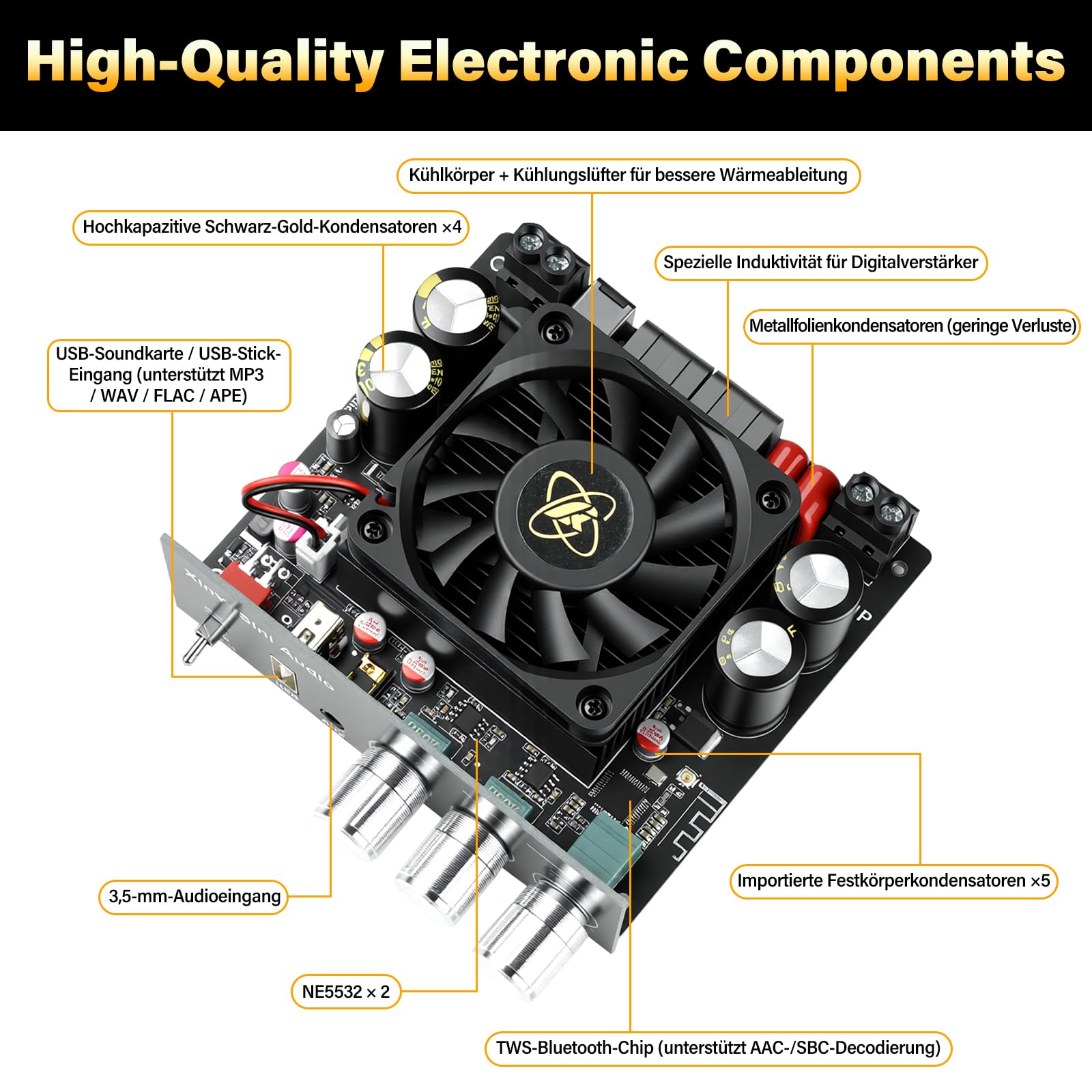 HiFi Verstärker Modul mit Bluetooth 5.0, 600W Subwoofer TWS Mono Digital Stereo Audio Verstärker Board TPA3255 Chips, AAC/SBC, DC 19-51V/10A, BT 5.0/USB/AUX, für DIY Lautsprecher