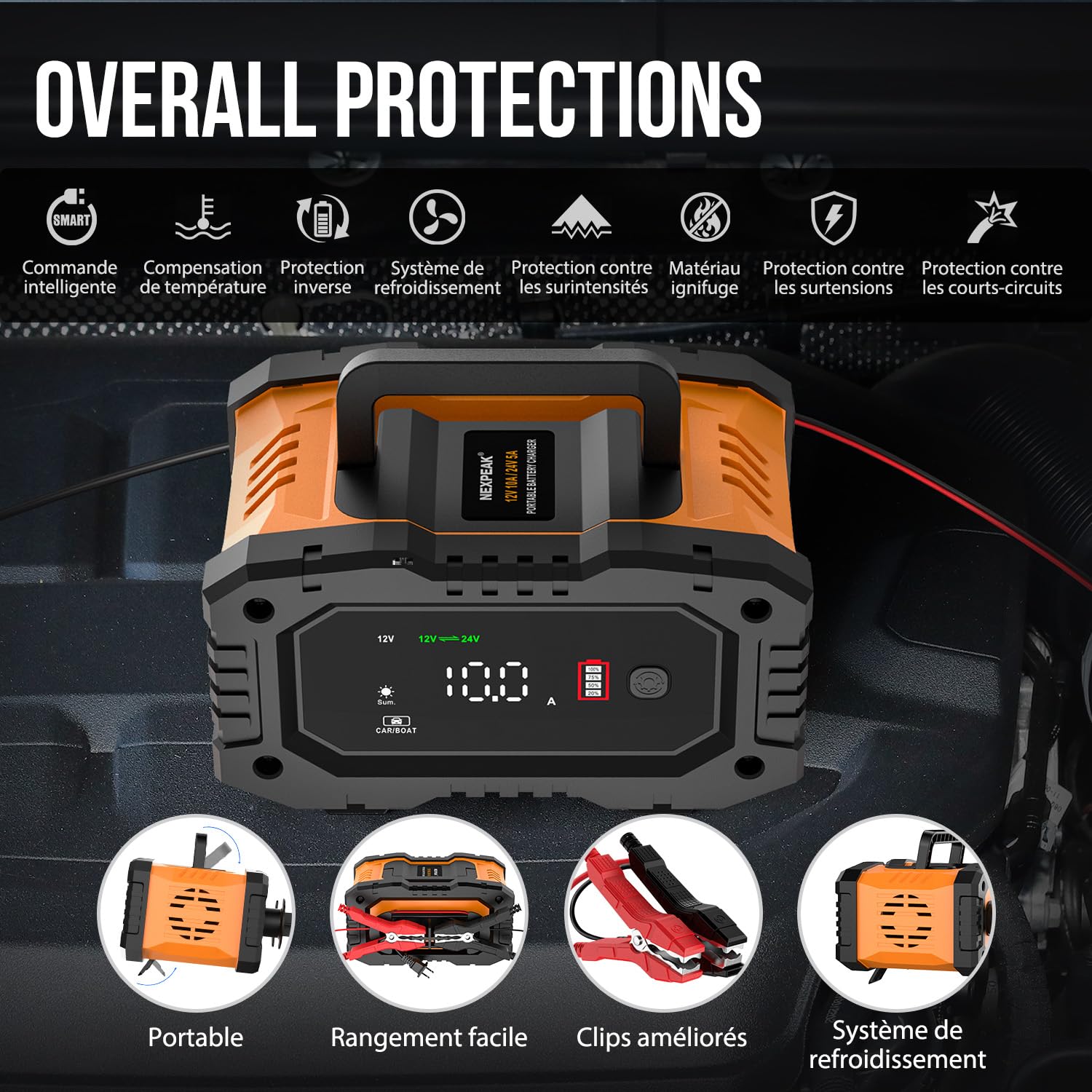 Chargeur de Batterie Intelligent 10A, 12V 24V LiFePO4 Chargeurs de Batterie pour Auto, Mainteneur de Automatique avec Compensation de Température pour Voiture Moto Camion, AGM, Gel, Wet, SLA