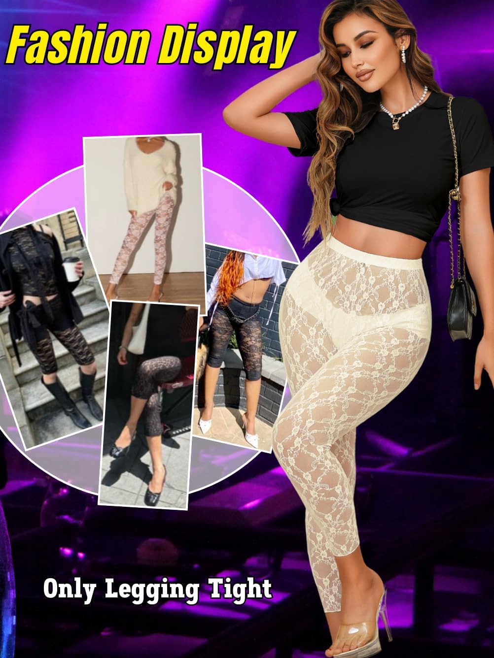 Floral Lace Leggings,High Waisted Footless Tights for Women,Sheer Mesh Pants Bridal Date Night Concert - Image 5