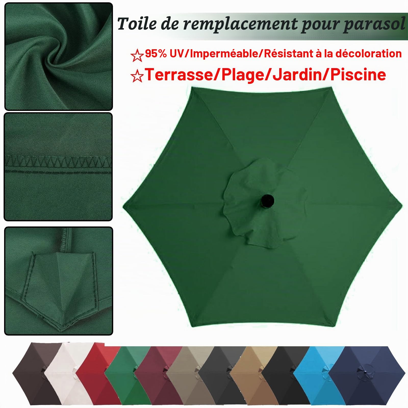 Auvent De Rechange Rond De 200-350cm pour Parasol (6/8 Baleines) Toile De Parasol Deporté, Imperméable, Housse De Rechange pour Plage/Piscine/Jardin Parasol(Top Color,8 Ribs: 350CM/11.5FT)