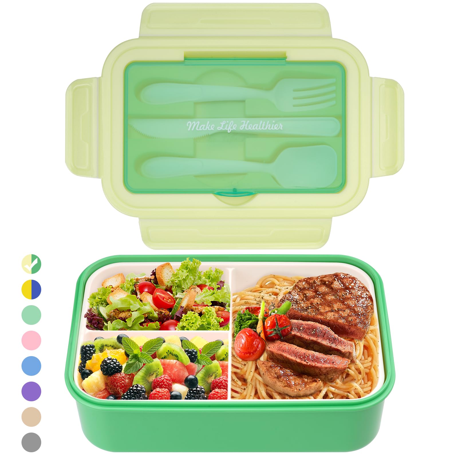 BIBURY Lunchbox Brotdose Bento Box Erwachsene Und Kinder, Auslaufsicher - 1400ml Brotdose mit 3 Fächern und Besteck, Lunch Box Kids Mikrowellengeeignet, für Schule Arbeit Picknick Reisen(Grün)