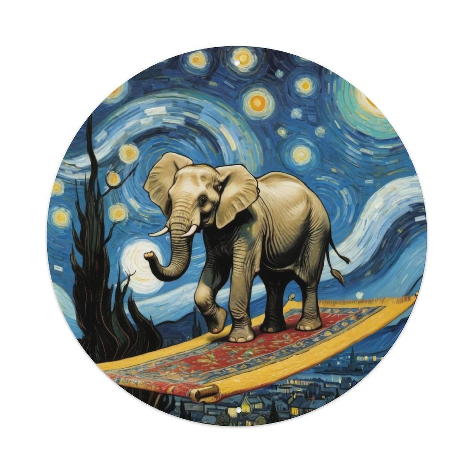 Vintage Art Starry Night Elephant City Dreamscape Vintage Metal Tin Sign Plaque Wall Decor for Cafe, Club, Garden Round Metal Poster 8x8Inch
