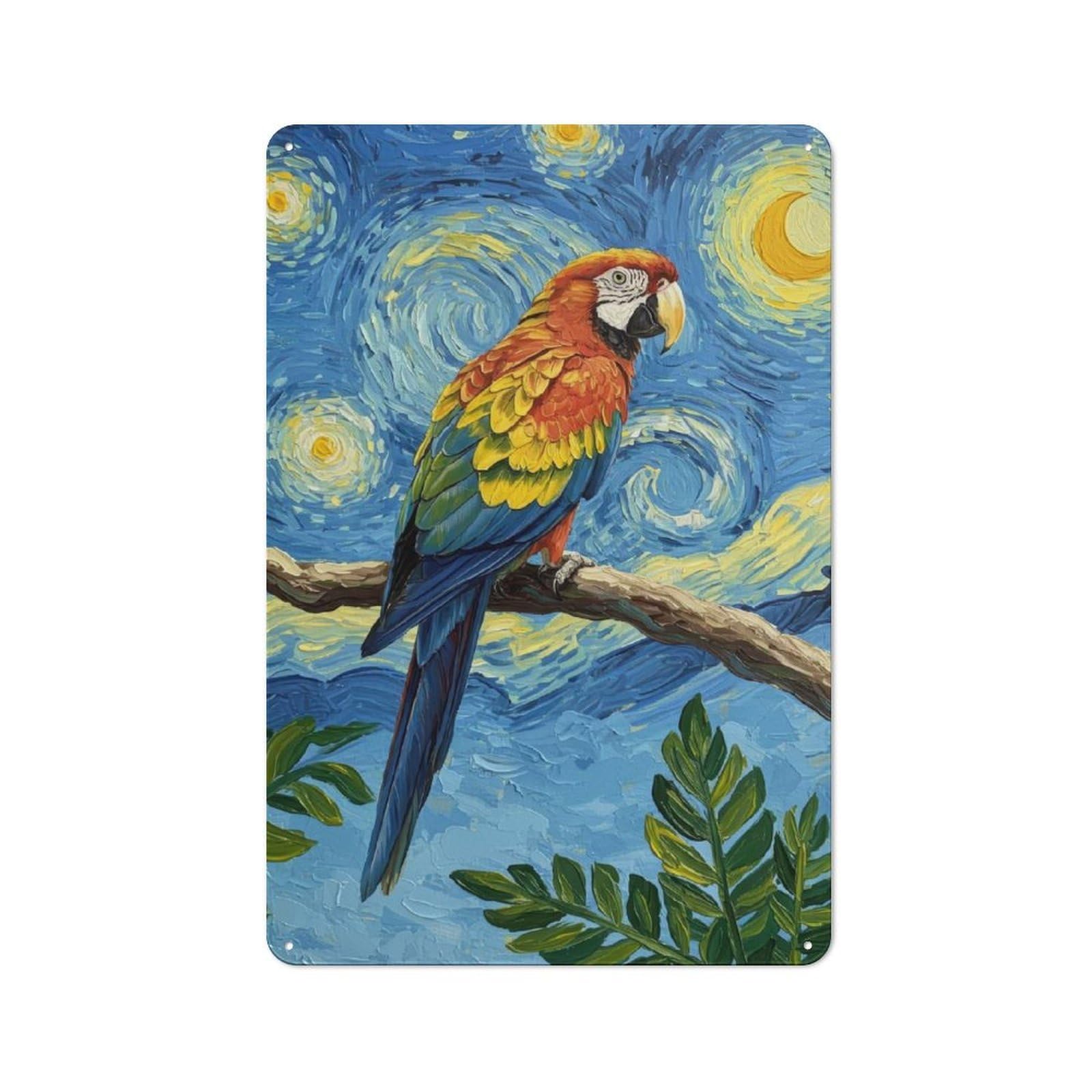 Junmoney Parrot In Starry Night Style Metal Wall Sign 30X20cm Featuring For Garage Wall, For Themed Room Decoration, For Living Room And Hallway Decor