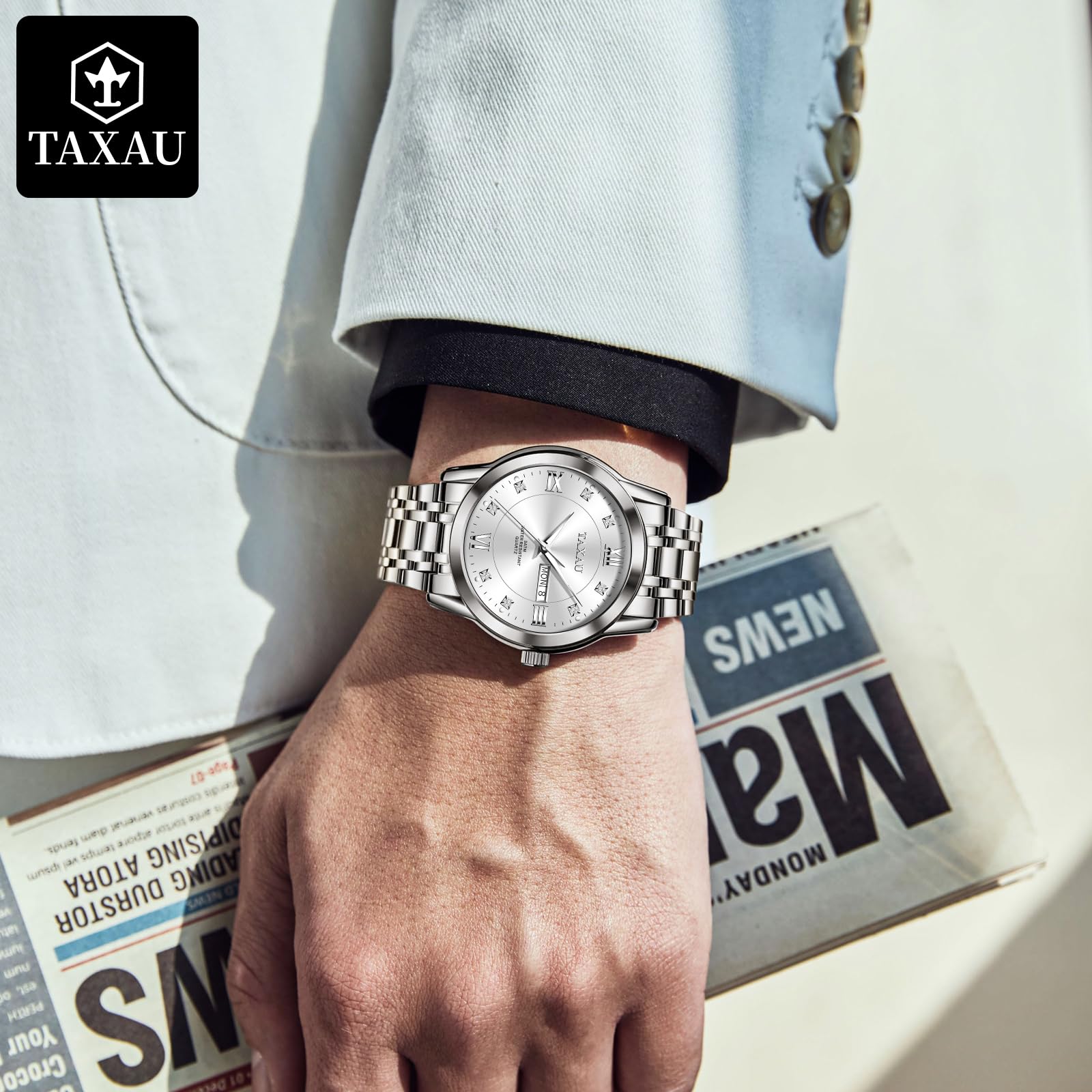 Taxau Armbanduhr Herren Chronograph Analogue Quartz Uhr Herren Edelstahl Wasserdicht Leuchtende Klassische Luxus Business Herrenuhren Geschenke für Männer