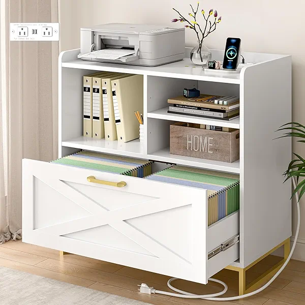 Lateral File Cabinet A Large Drawer File Cabinet with Charging Station for Home Office Furniture, Modern Farmhouse Wood File Storage Cabinet with Open Adjustable Shelves, White