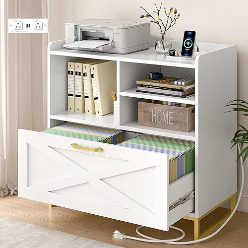 Lateral File Cabinet A Large Drawer File Cabinet with Charging Station for Home Office Furniture, Modern Farmhouse Wood File Storage Cabinet with Open Adjustable Shelves, White