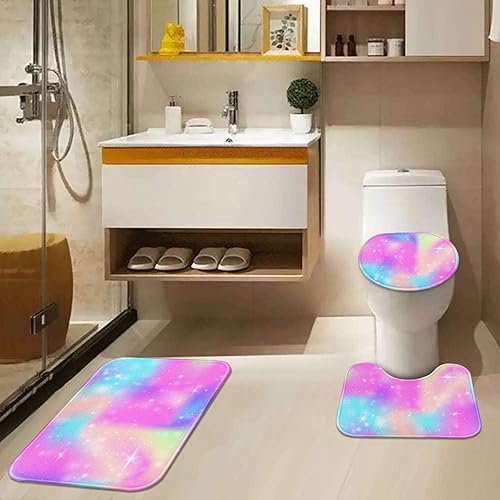 Miniatura 6 de Juegos de baño de unicornio arcoíris con cortina de ducha y alfombras y accesorios, juego de cortinas de ducha de acuarela de princesa del universo,