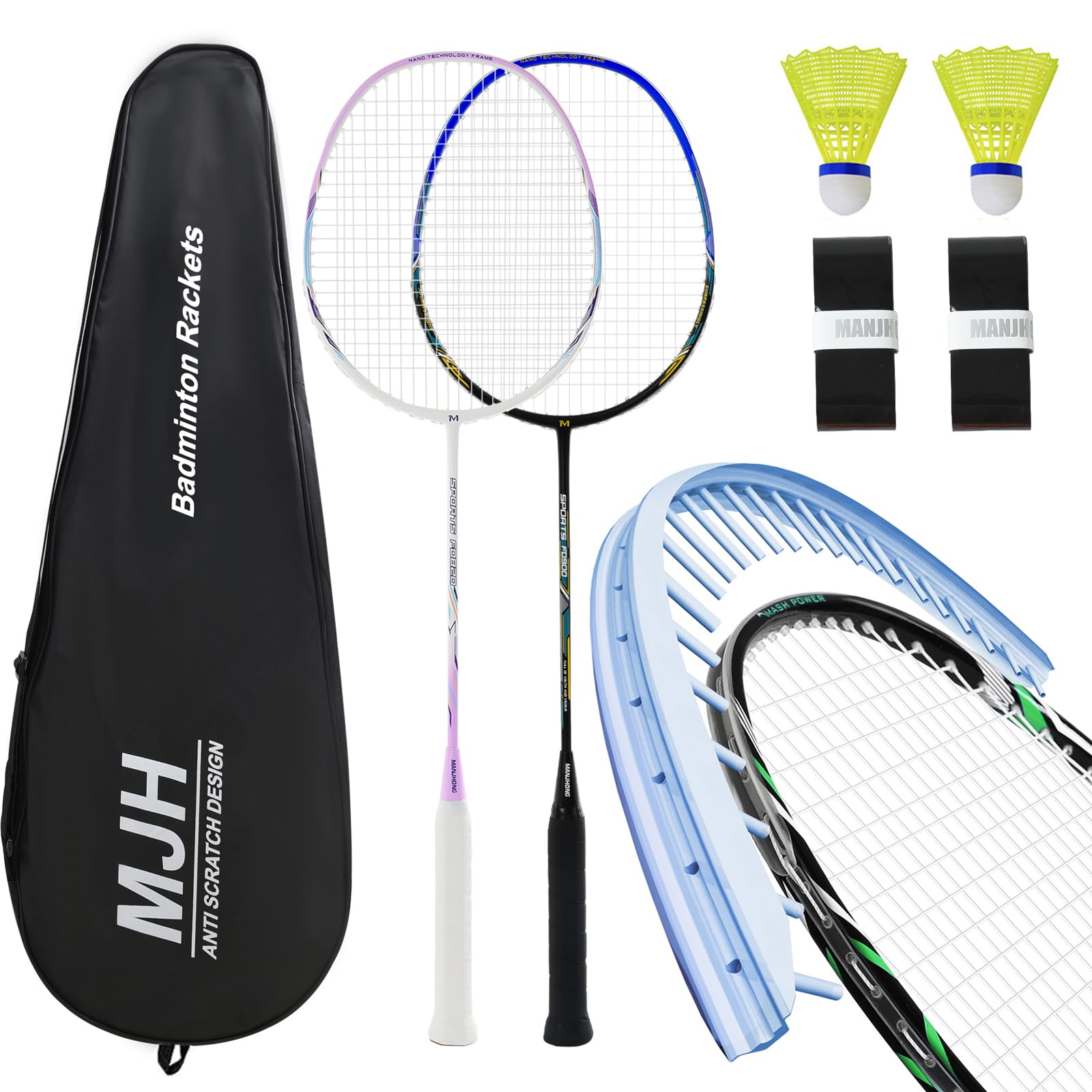 MANJHONG Badminton Set with 2 Graphite Rackets - Anti Scratch Design - Badminton Racket Set for Adults, Incl. Shuttlecock, Grip Tape & Racquet Bag, Black+Light Purple