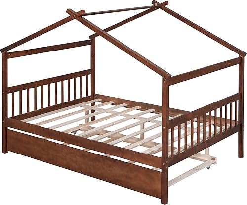 Miniatura 31 de Cama individual de casa con nido para niños, cama individual de madera con techo, marco de cama de plataforma de tamaño individual, cama con dosel