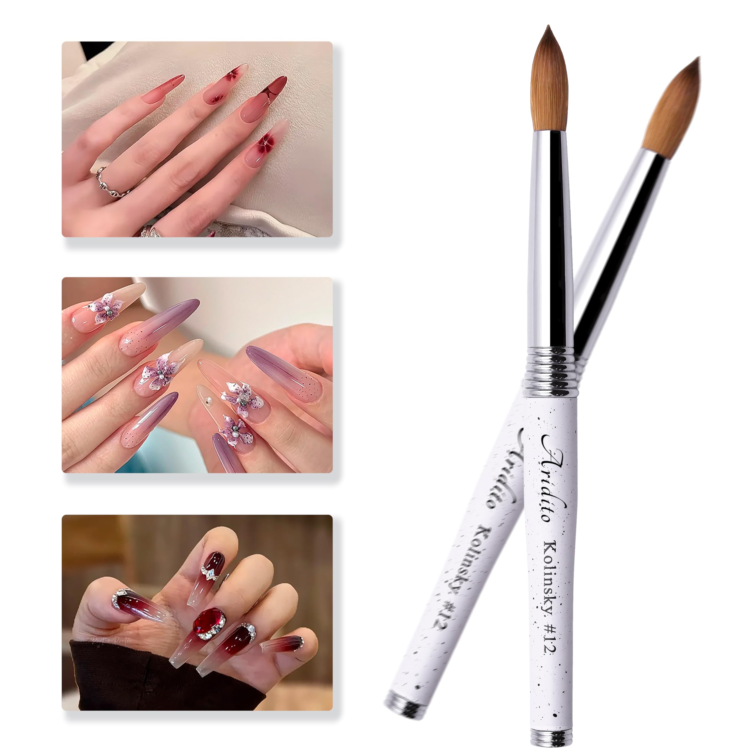 Kolinsky - Pincel acrílico de cabeza redonda 100 % puro, mango de metal blanco para manicura profesional, salón en casa (#8#10#12#14#16#18) (Blanco, #16)