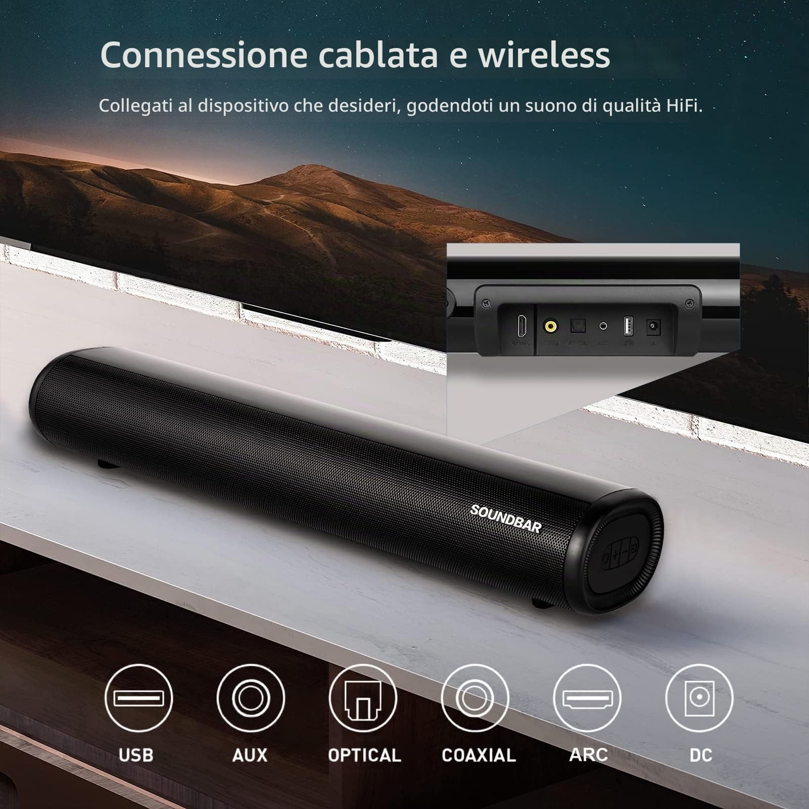 Winnes Soundbar Altoparlante Bluetooth Wireless Soundbar per Casse TV Subwoofer Surround con 3 modalità EQ 4K Home Cinema/PC/Videoproiettore/Cellulari,Bluetooth 5.0+ Ottica+ AUX+ USB+ HDMI
