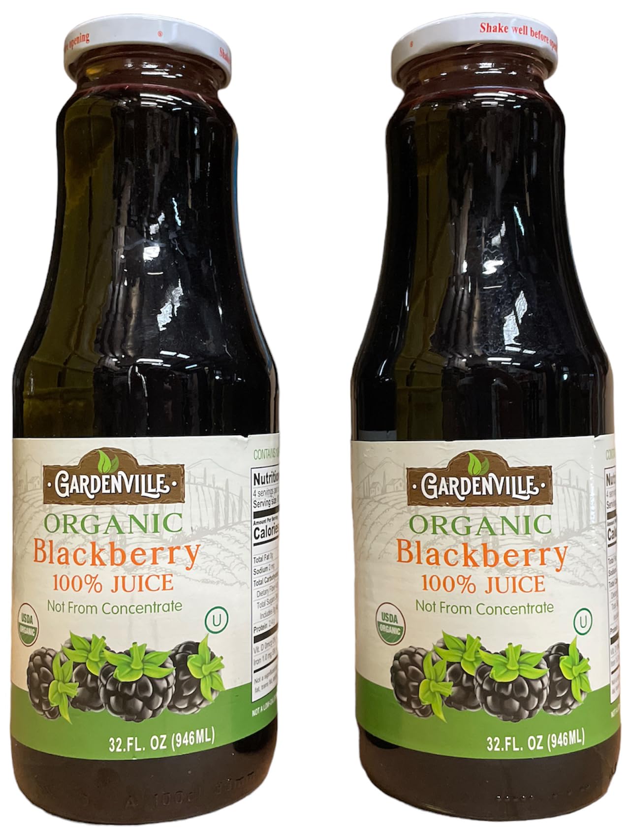 Gardenville Organic Blackberry Juice (Pack of 2), USDA Organic, No Added Sugar, U Kosher Certified, Pasteurized, 32 oz Glass Bottles