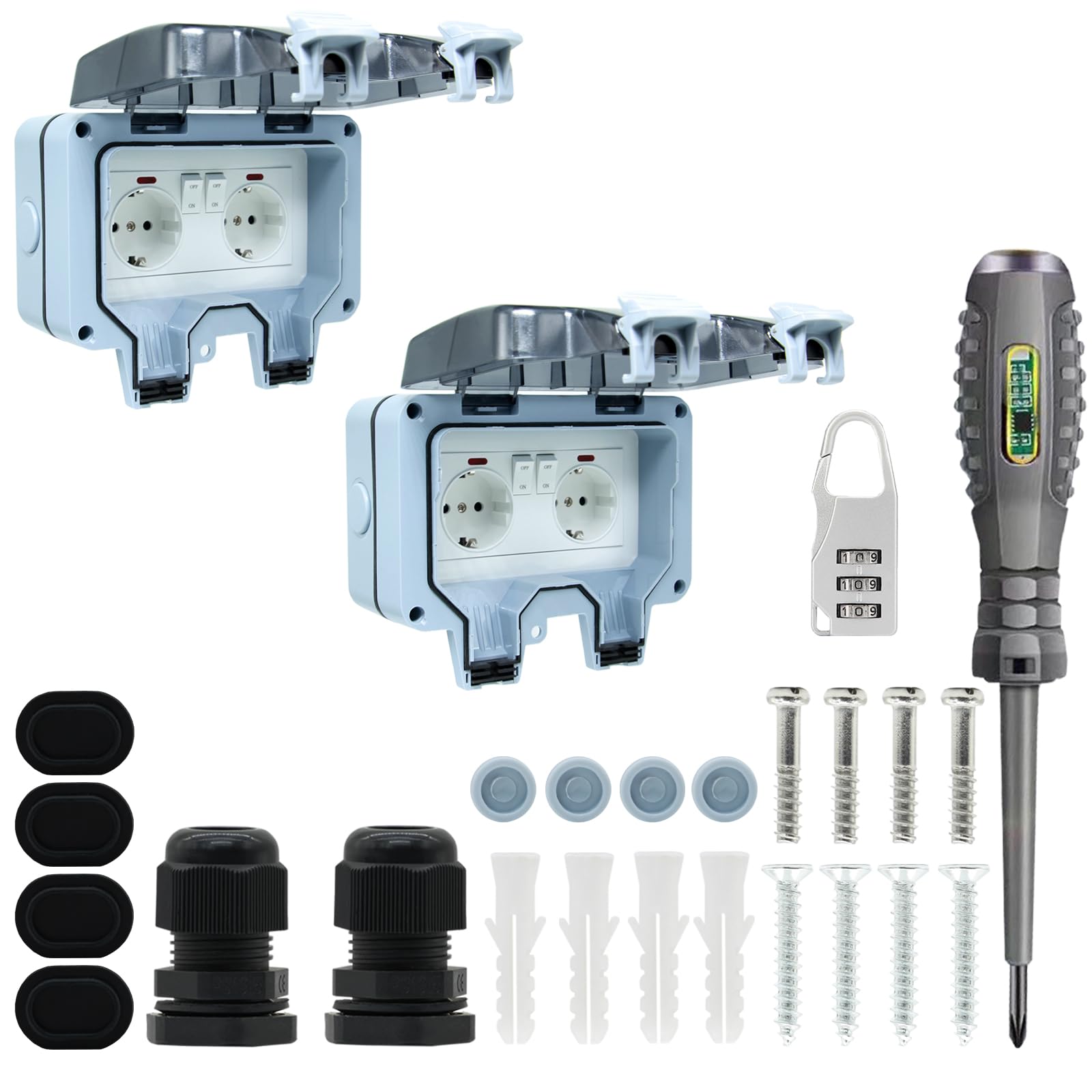 MPG2-GSN Lot de 2 prises d'extérieur étanches IP66 avec interrupteur double connexion, connecteur de câble et couvercle rabattable, pour cuisine, salle de bain, garage, piscine et jardin (MPG2-GSN, 2