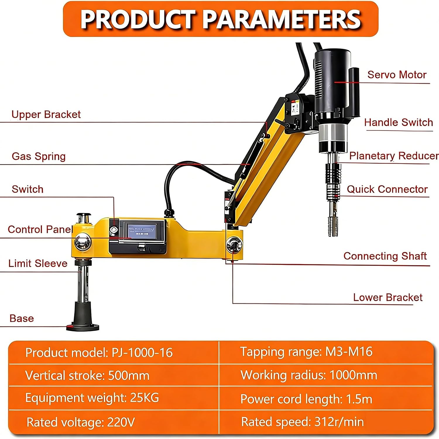 600W Electric Tapping Machine, Drilling Tapper 360° Rotatable Tapping Arm CNC Tapping Machine 1000mm Arm Electric Tapper Machine
