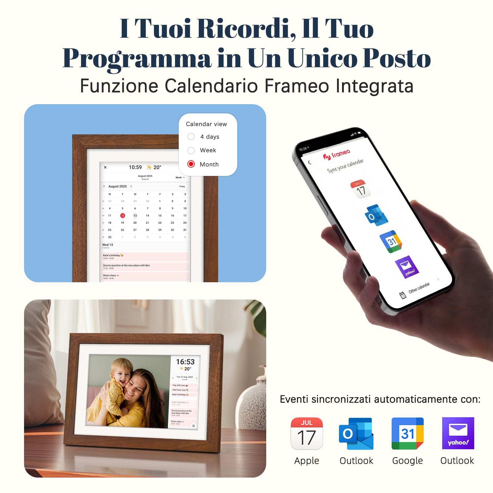Frameo Cornice Digitale WiFi 10,1 Pollici 1280 x 800 HD IPS Touch Screen Memoria 32 GB Portafoto Digitale in Legno di Noce Rotazione Automatica Condividi Foto e Video con Frameo APP/USB/SD