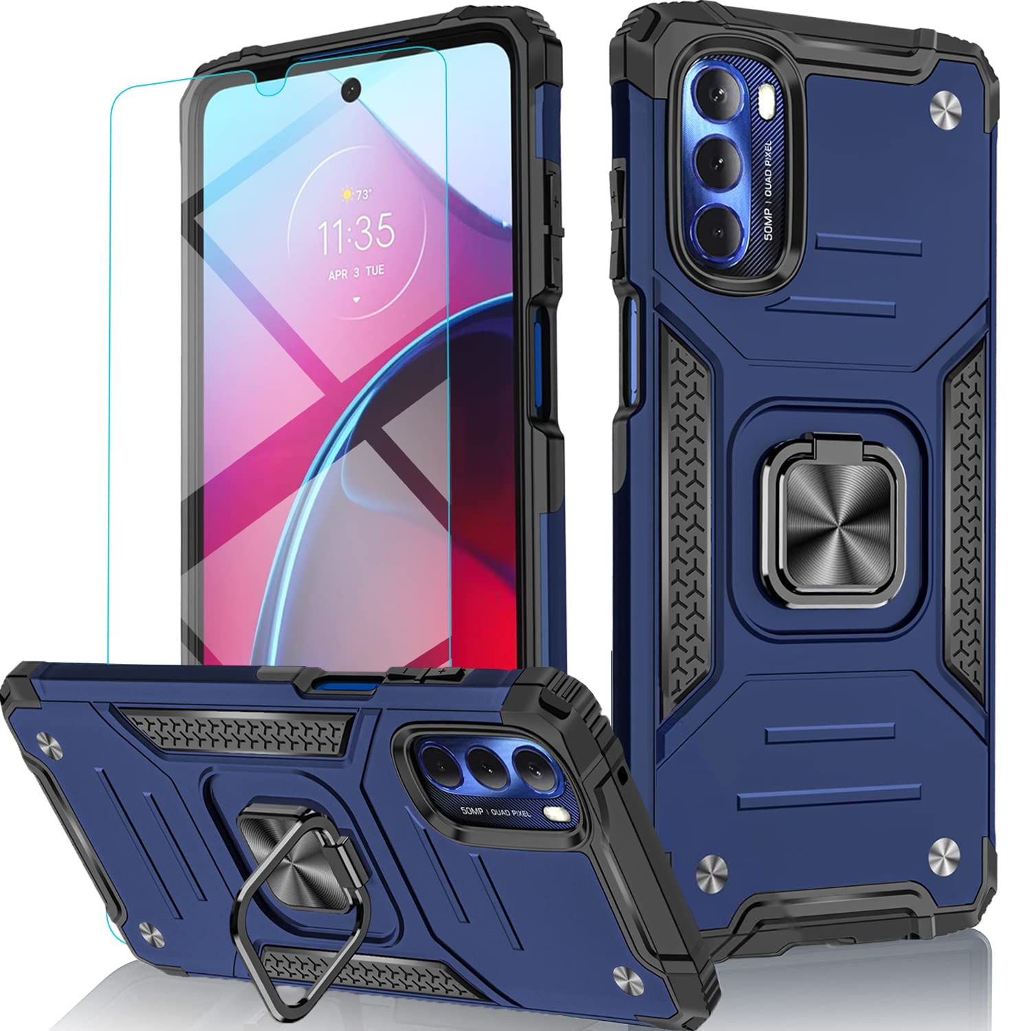 Circlemalls- Moto G52 Case, [Tempered Glass Screen Protector Include], Military Grade 12ft Shockproof All Corners Protection Ring Holder Kickstand Cover-Blue