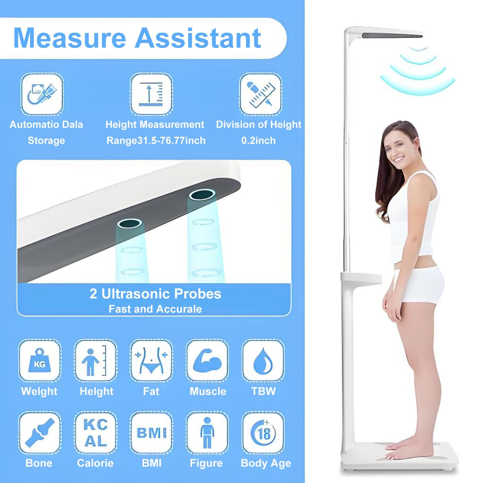 Balanza médica ultrasónica Profesional con Pantalla LCD | Balanza médica digital para medir la estatura y el peso, analizador electrónico de grasa corporal