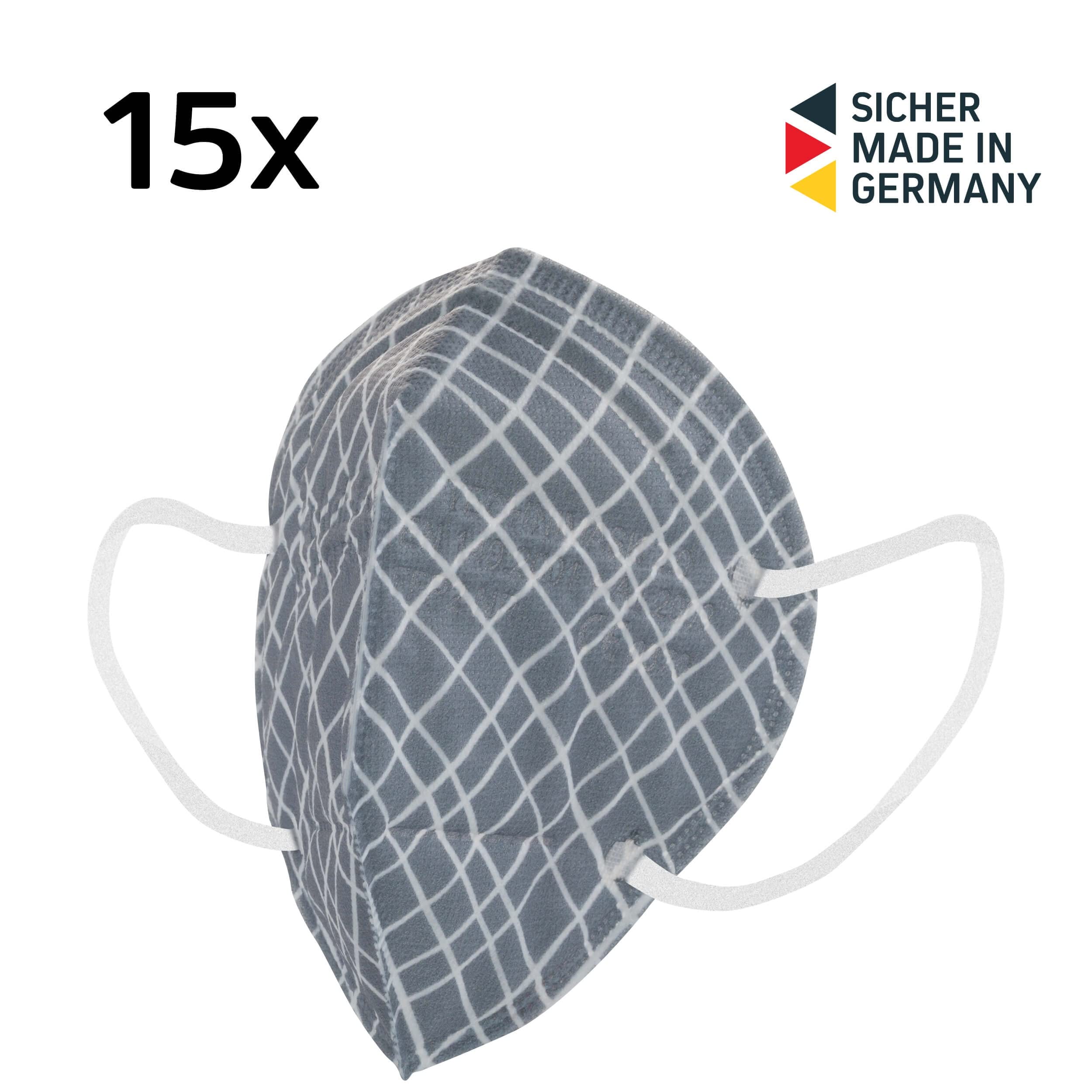 TechniSat TECHNIMASK 2.0 - FFP2 Maske (5-lagige Gesichtsmaske mit hochwertigem Vlies, Mund- und Nasen-Bedeckung, dermatologisch getestet, Made in Germany) Muster Karo - 15 Stück