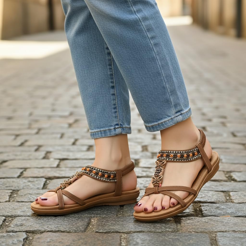 Ablanczoom Women's Flat Sandals Summer Boho Beaded Dressy Comfortable Walking Shoes for Vacation Daily Wear