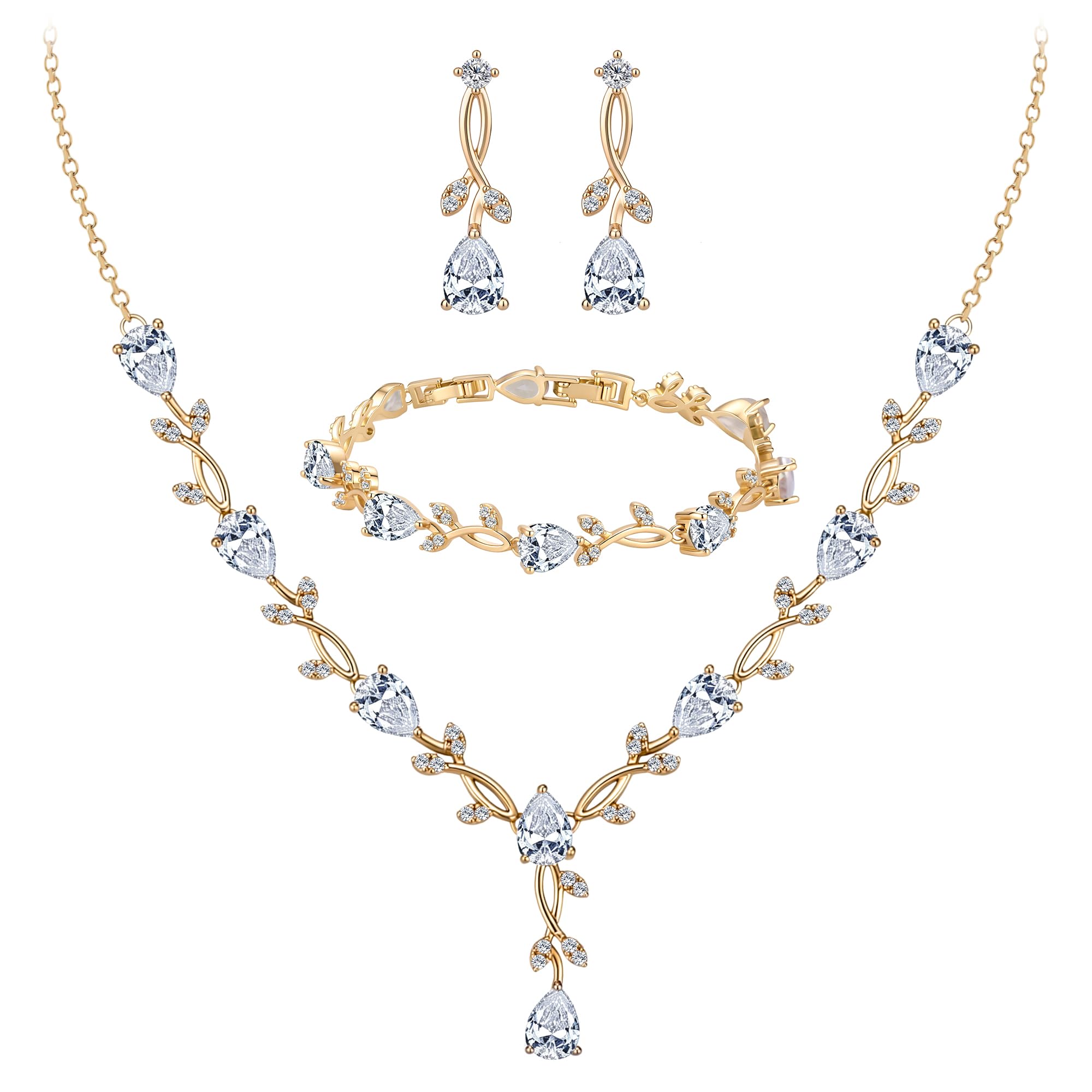 Paxuan Juego de joyas de circonita cúbica para mujer, elegante, brillante, lágrima de circonita cúbica, collar, aretes, pulsera, joyería de graduación para novia, damas de honor