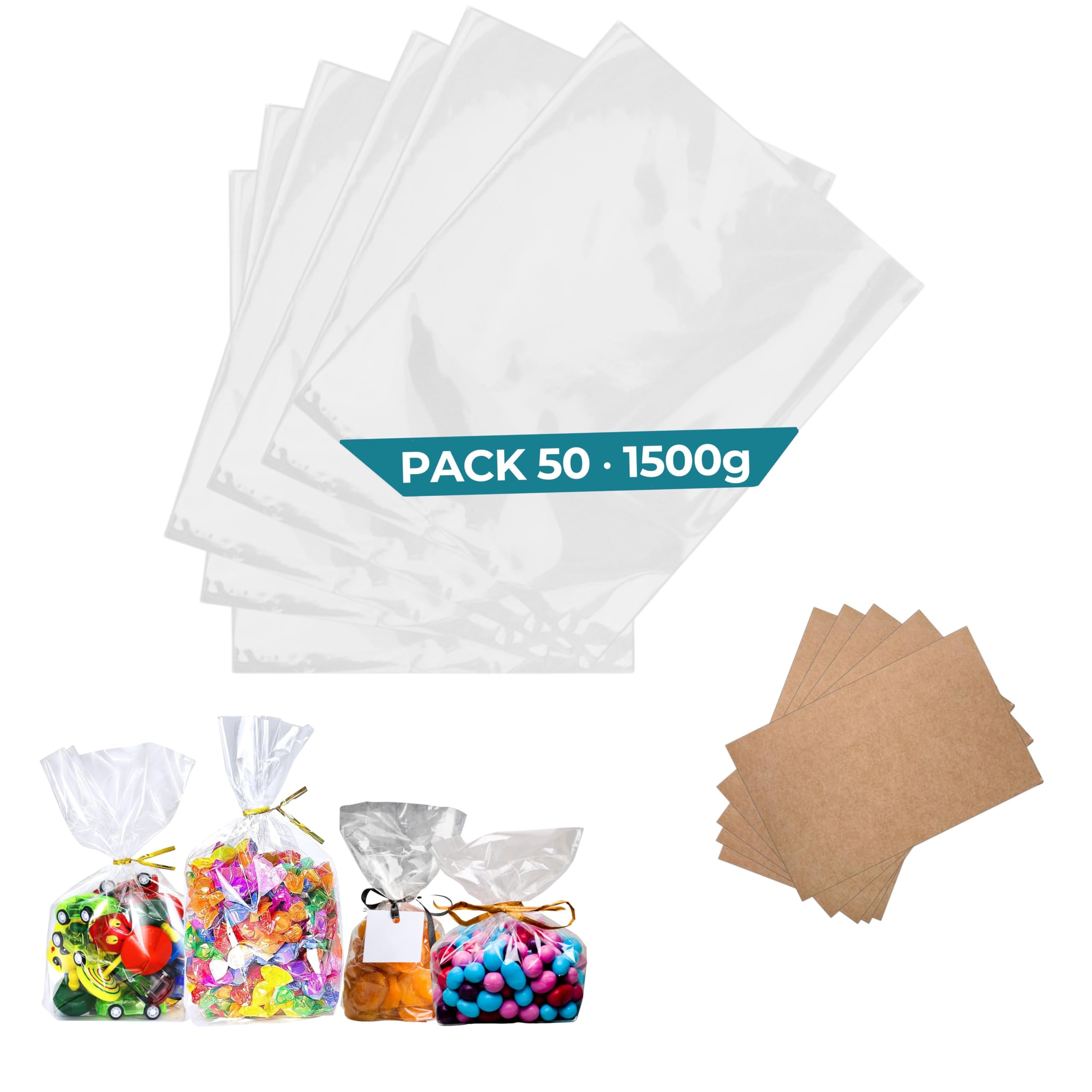 Paquete de 50 bolsas de celofán transparente con base de cartón 1500 g (11 x 32 cm) - Dulces, galletas, chocolate, frutas secas y regalos artesanales - perfectas para cumpleaños, boda, Navidad