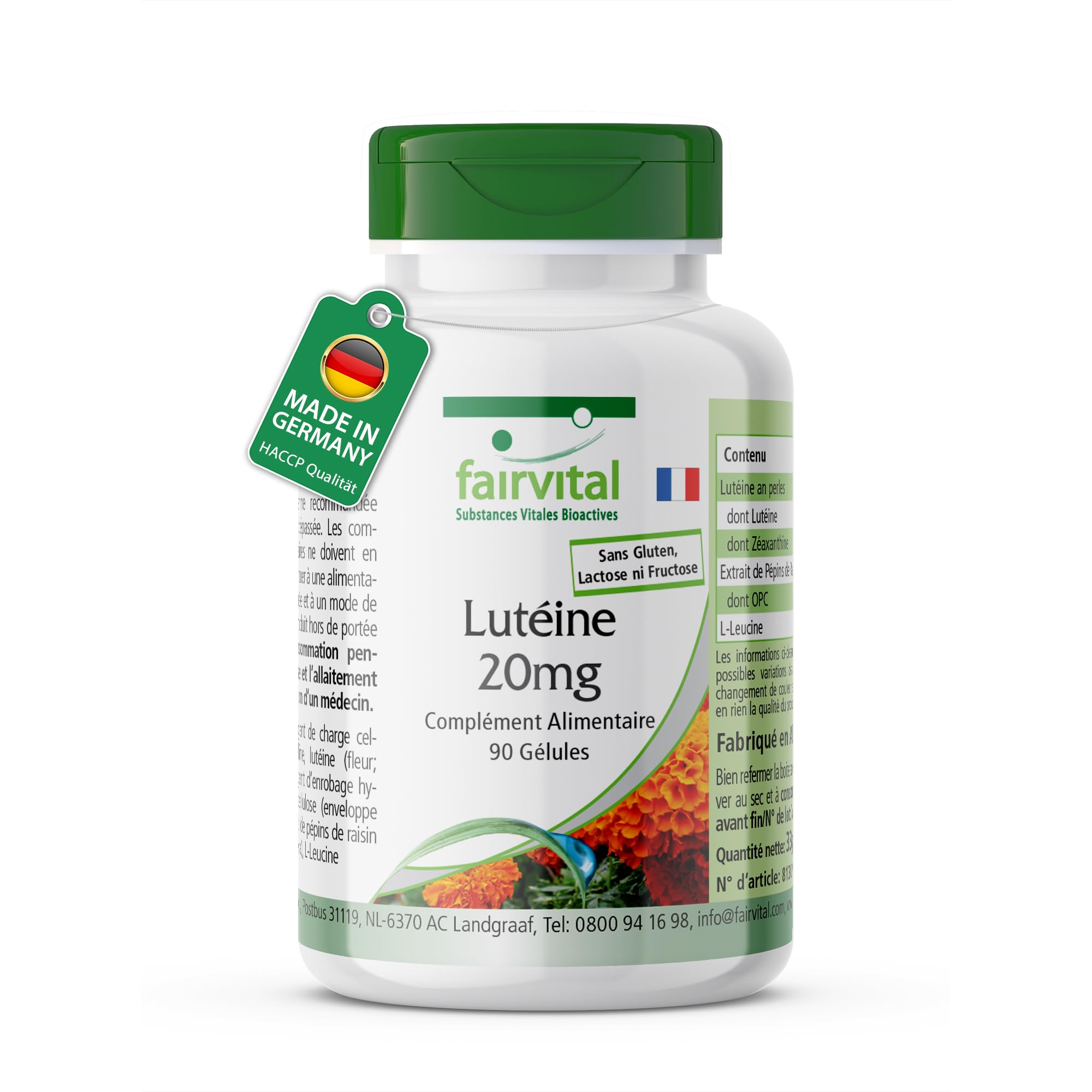 fairvital Lutéine 20mg + zéaxanthine, 90 gélules, faciles à avaler, hautement dosées et micro-encapsulées, VÉGÉTALIENNES, sans stéarate de magnésium