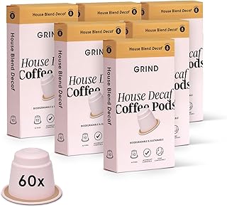 Grind Decaf House Coffee Pods – Pack of 60 Biodegradable Capsules – Naturally Decaffeinated – Nespresso® Original Compatible – Home Compostable – Barista Quality and Specialty Grade – Medium Roast