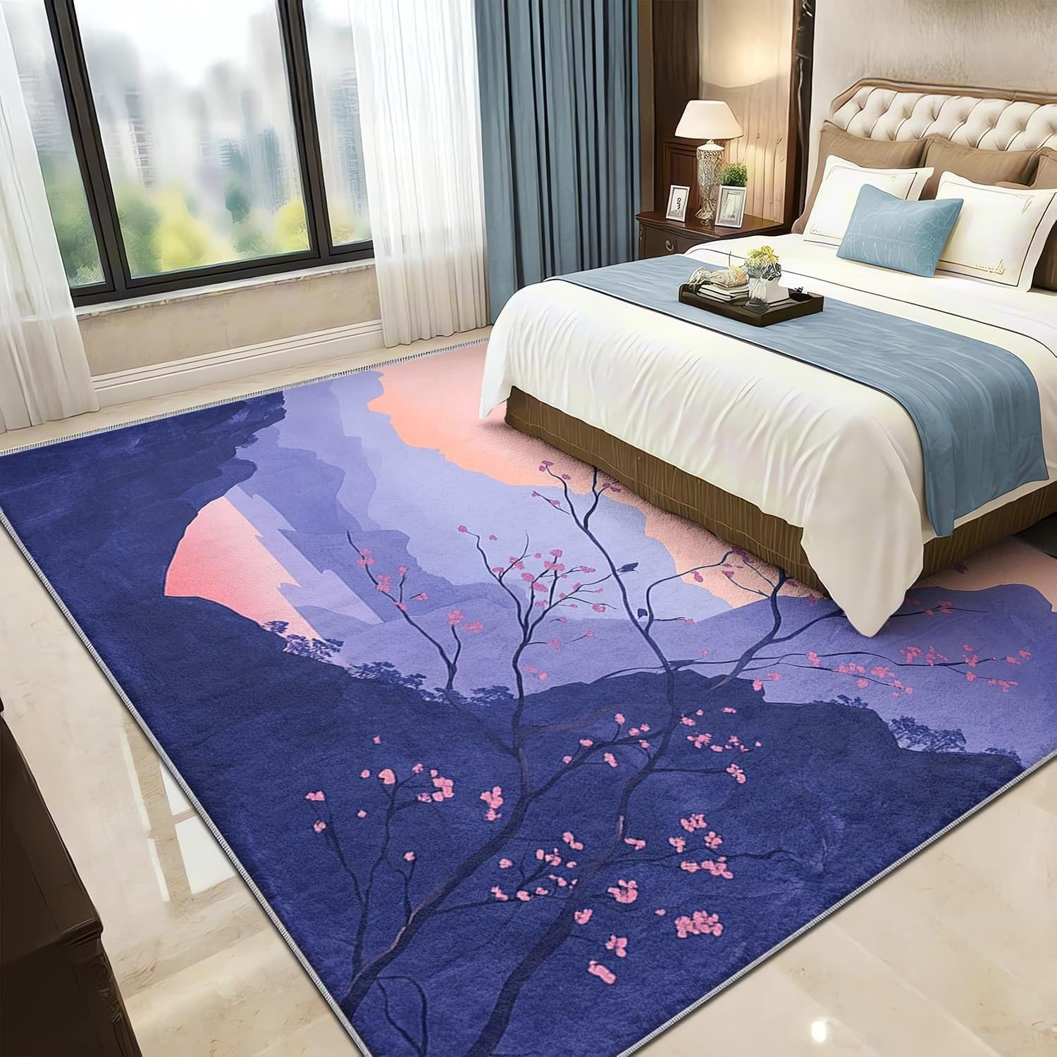 80x150 cm Alfombras Antideslizante y Lavable a Máquina Pintura a tinta de montaña natural Alfombras Impresión Suave Esponjoso Modernas Púrpura Para Dormitorio Habitación Infantil Oficina Sala de Estar