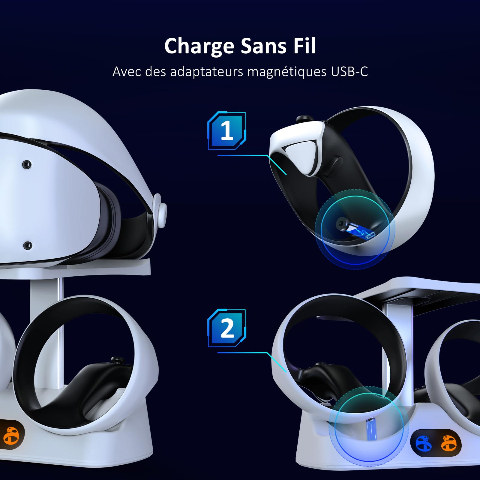NexiGo Station de Recharge pour Manettes pour PSVR2, Double Socle de Recharge Rapide avec Lumière LED, Support d'affichage pour Casque et Fixation pour manettes, connecteur magnétique, Blanc