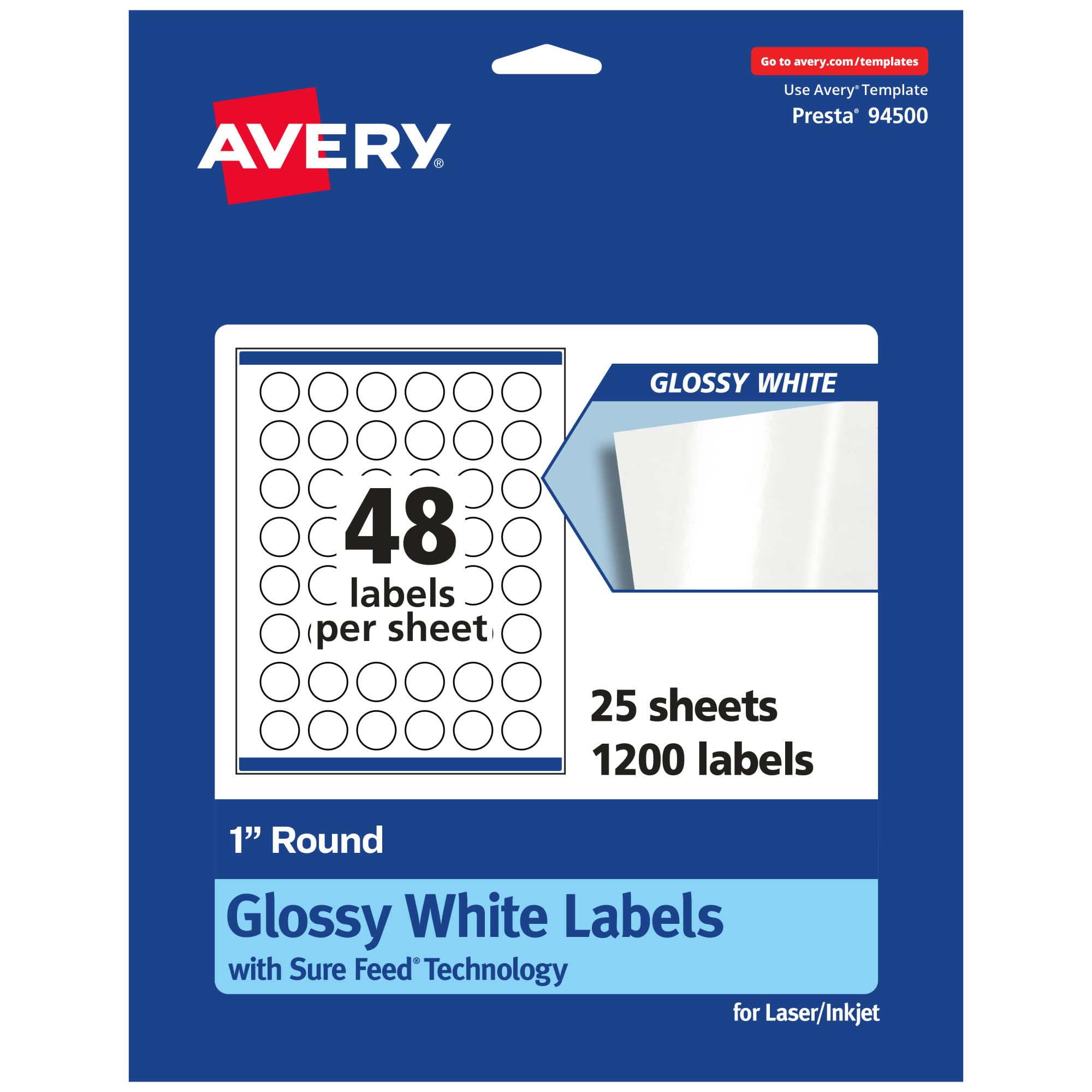 Avery Round Labels, Sure Feed Technology, 1" Diameter, 1,200 Glossy White Labels (36487)