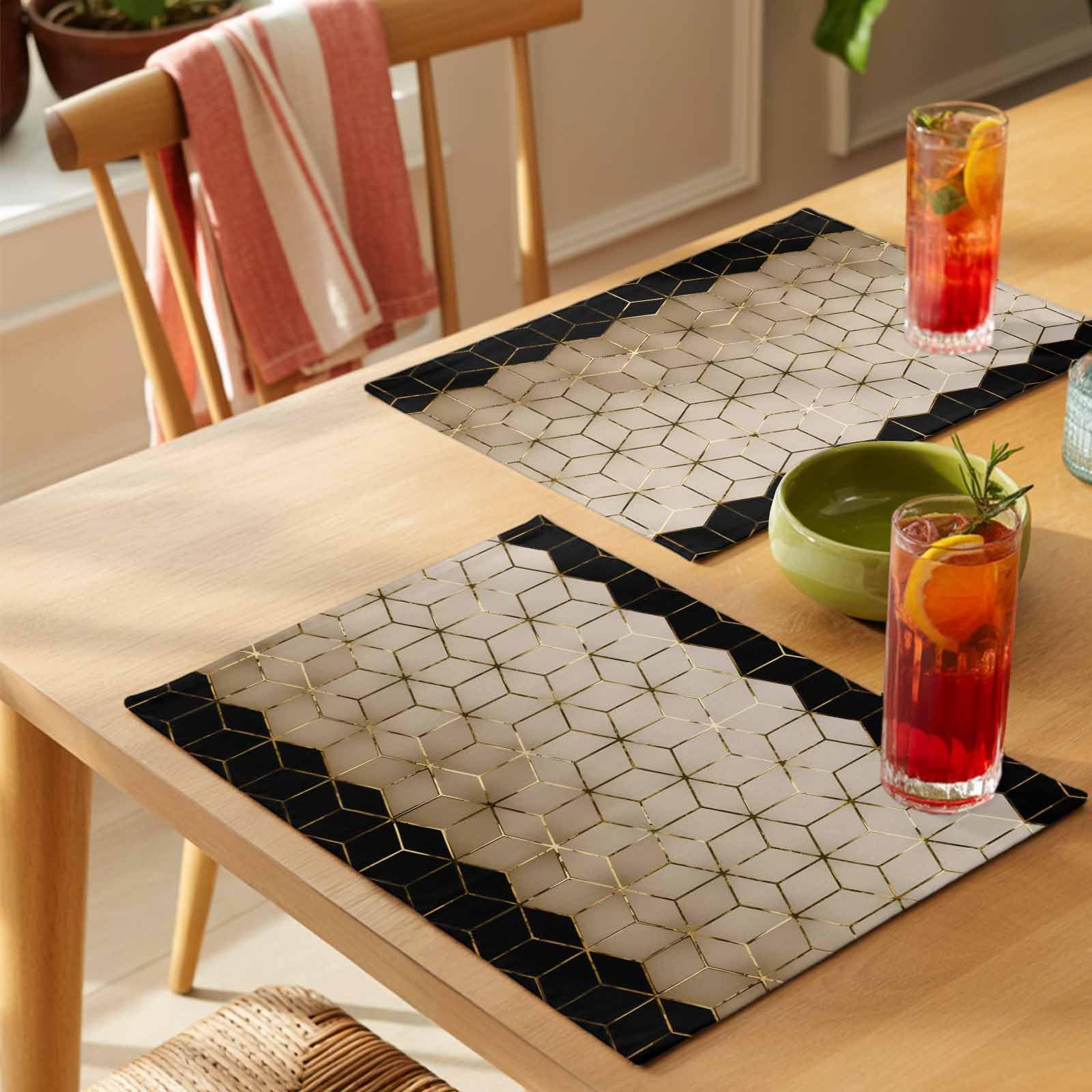Juego de 6 manteles individuales con patrón geométrico, cubos de arte abstracto, color marrón, negro, dorado, resistentes al calor, antideslizantes, de arpillera, para mesa de comedor, cocina, fiesta,